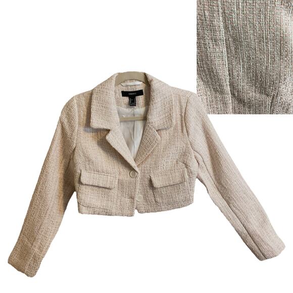 Forever 21 Blazer Women’s SZ S Pink Cream Gold Cropped Tweed Pocket Button Up - Picture 10 of 14